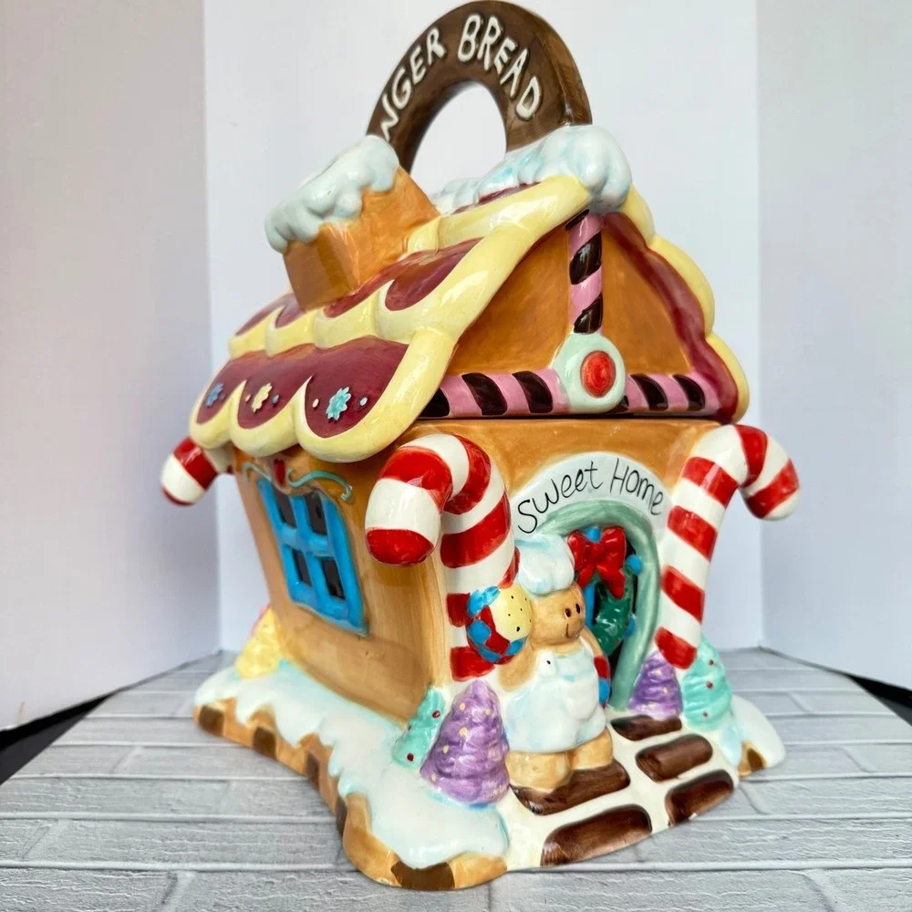Gingerbread House Cookie Jar Ceramic Christmas Holiday Candy Cane Decor Red